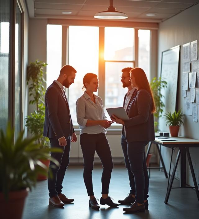 A modern, bright office space with professionals collaborating, symbolizing partnership.