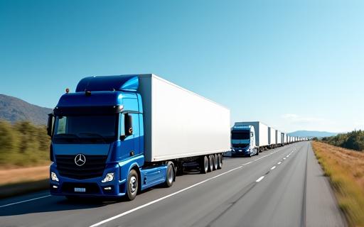 A fleet of modern logistics trucks on a highway, representing efficiency.