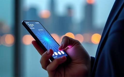 A person using a mobile banking app with a background of the Singapore city skyline.